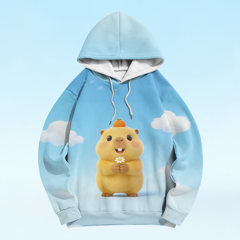 Capybara Flower Graphic Modakawa Pullover Hoodie - Blue - 6XL - image 1