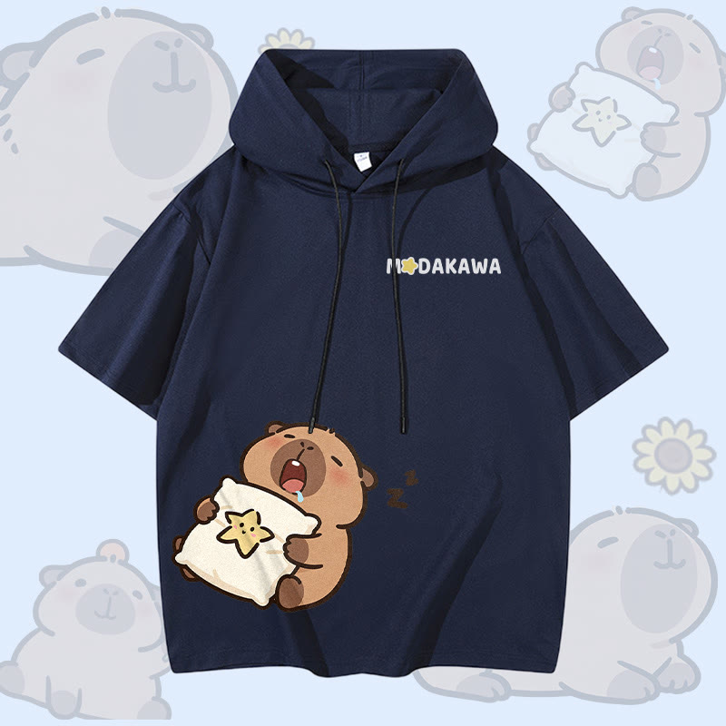 Sleepy Capybara Graphic Modakawa Short Sleeve Hoodie - Purplish Blue - 3XL - image 1
