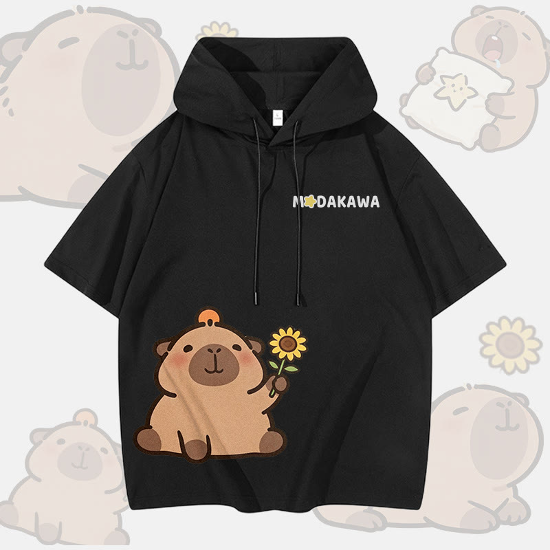 Sunflower Capybara Graphic Modakawa Short Sleeve Hoodie - Black - 3XL - image 1