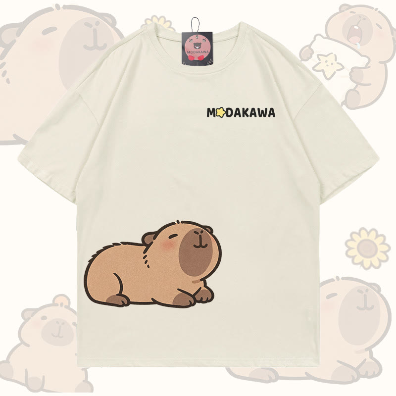 Cute Capybara Graphic 100% Cotton Modakawa T-shirt - Light Beige - 5XL - image 1