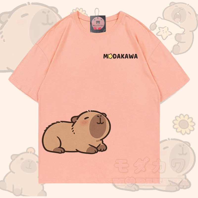 Cute Capybara Graphic 100% Cotton Modakawa T-shirt - Peach - 5XL - image 4