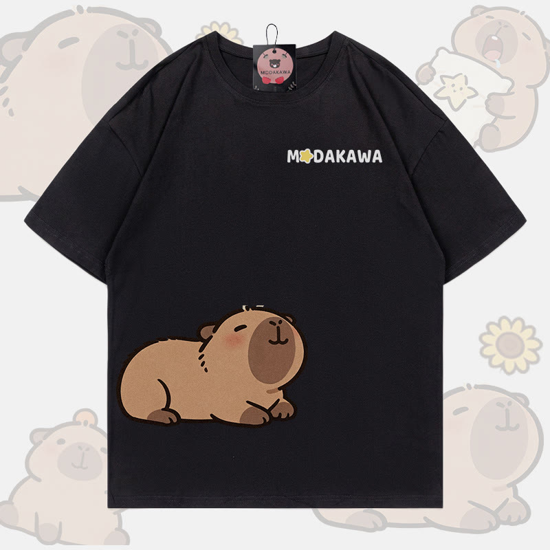 Cute Capybara Graphic 100% Cotton Modakawa T-shirt - Black - 5XL - image 2