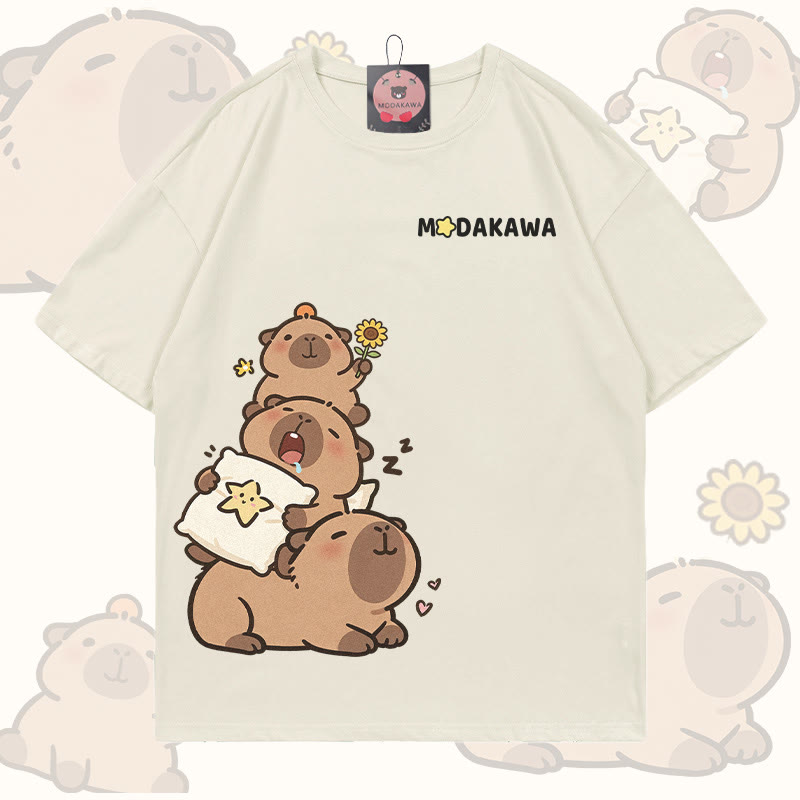 Funny Capybara Graphic 100% Cotton Modakawa T-shirt - Light Beige - 5XL - image 2
