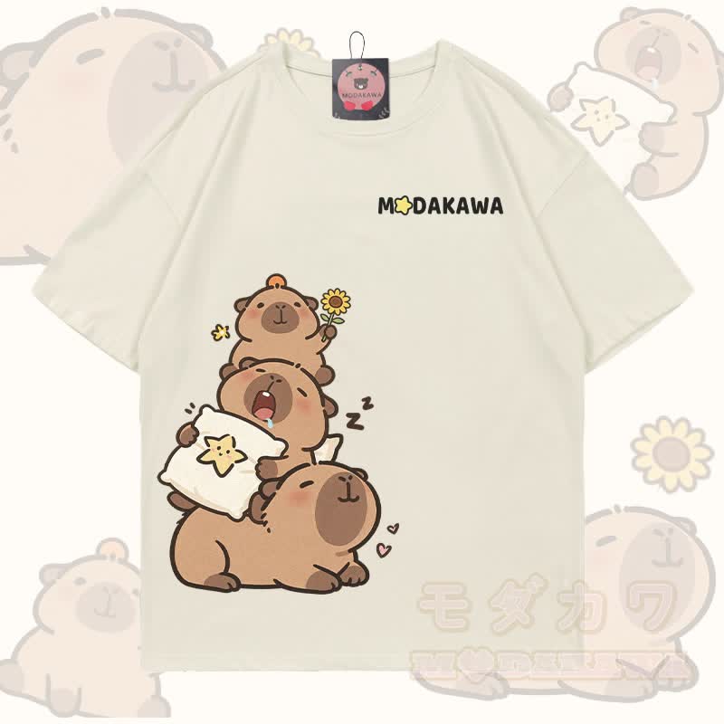 Funny Capybara Graphic 100% Cotton Modakawa T-shirt - Light Beige - 5XL - image 2