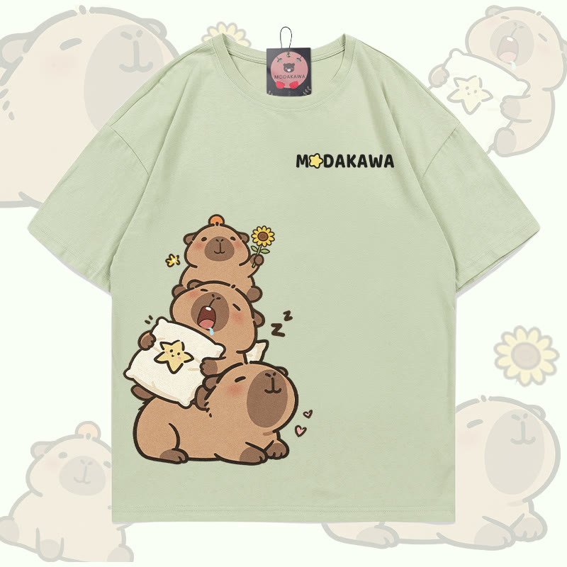 Funny Capybara Graphic 100% Cotton Modakawa T-shirt - Light Green - 5XL - image 1