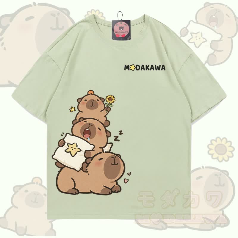 Funny Capybara Graphic 100% Cotton Modakawa T-shirt - Light Green - 5XL - image 1