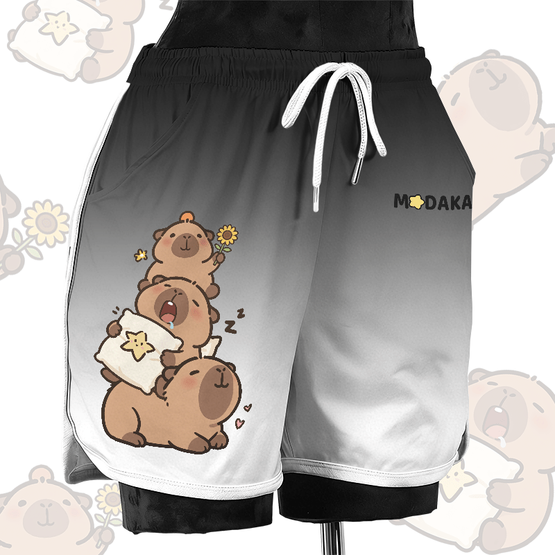 Cute Capybara Graphic Modakawa Casual Shorts - Black - 4XL - image 2