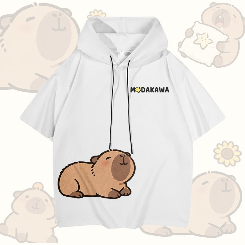 Cute Capybara Graphic Modakawa Short Sleeve Hoodie - White - 3XL - image 1