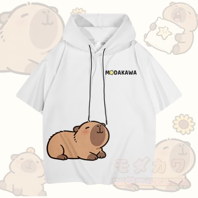 Cute Capybara Graphic Modakawa Short Sleeve Hoodie - White - 3XL - image 1