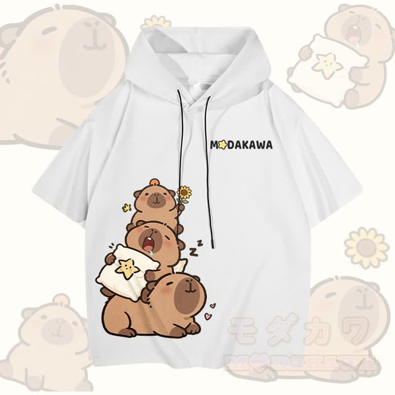 Capybara Stack Graphic Modakawa Short Sleeve Hoodie - White - 3XL - image 2