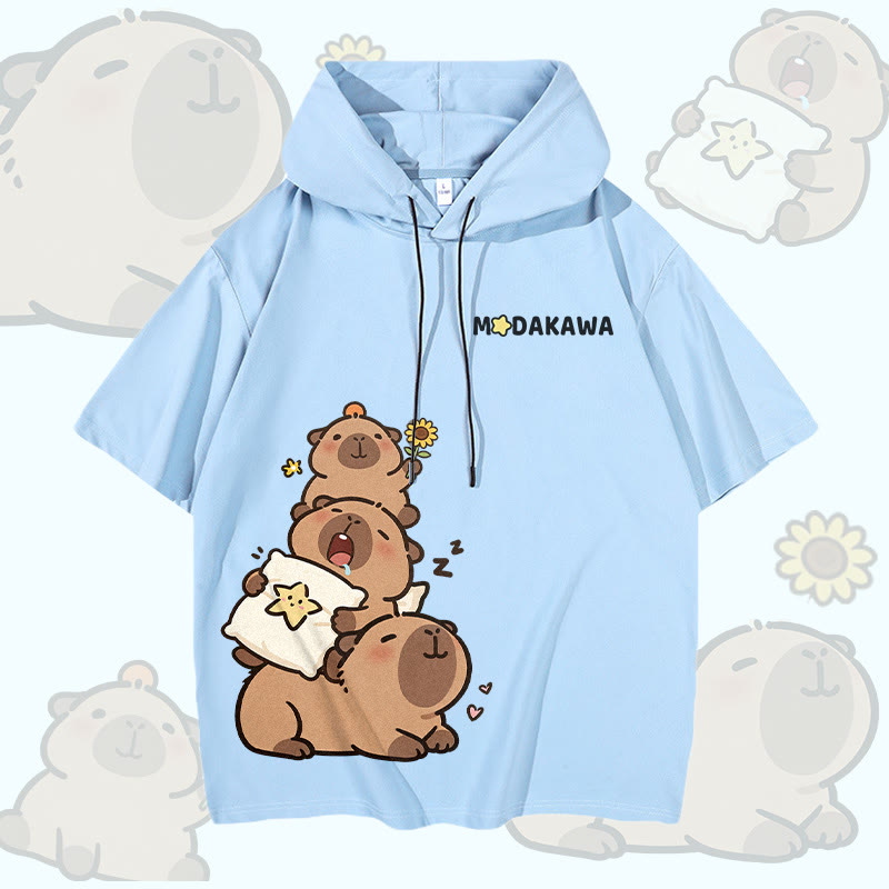 Capybara Stack Graphic Modakawa Short Sleeve Hoodie - Sky Blue - 3XL - image 1