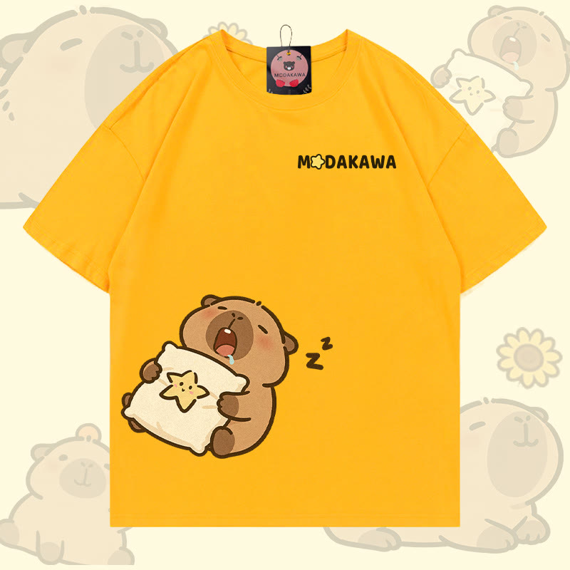 Sleepy Capybara Graphic Modakawa 100% Cotton T-shirt - Bright Yellow - 5XL - image 1