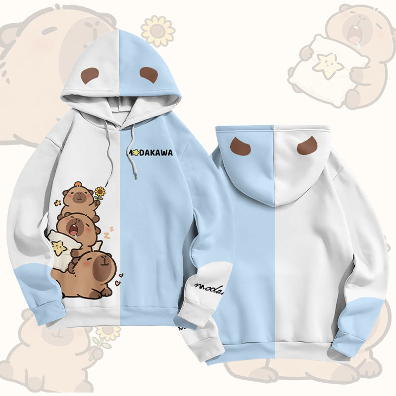 Cute Capybara Graphic Modakawa Pullover Hoodie - Blue & White - 6XL - image 2