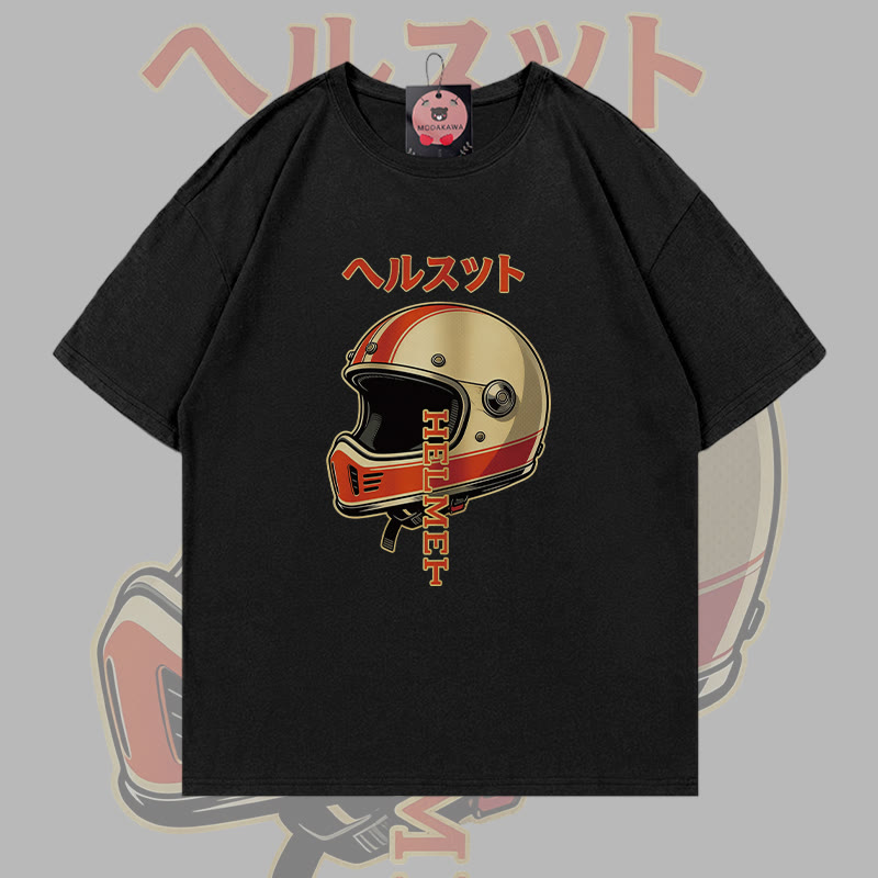 Retro Helmet Graphic Modakawa 100% Cotton T-shirt - Black - 5XL - image 1