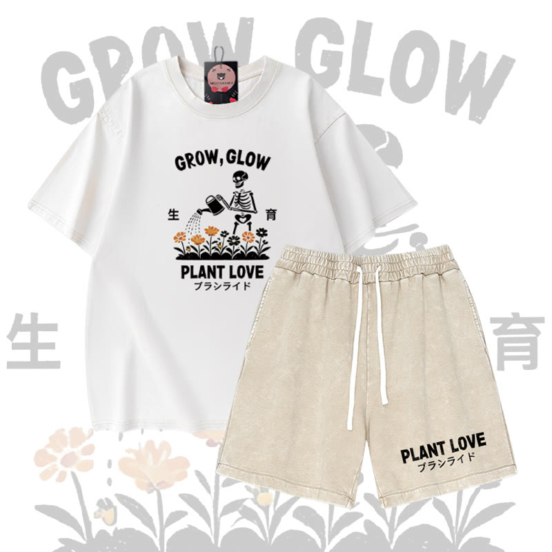 GROW GLOW Skeleton Graphic Vintage Washed T-shirt PLANT LOVE Letter Graphic Shorts Modakawa Two Pieces Set - White & Apricot - 3XL - image 1