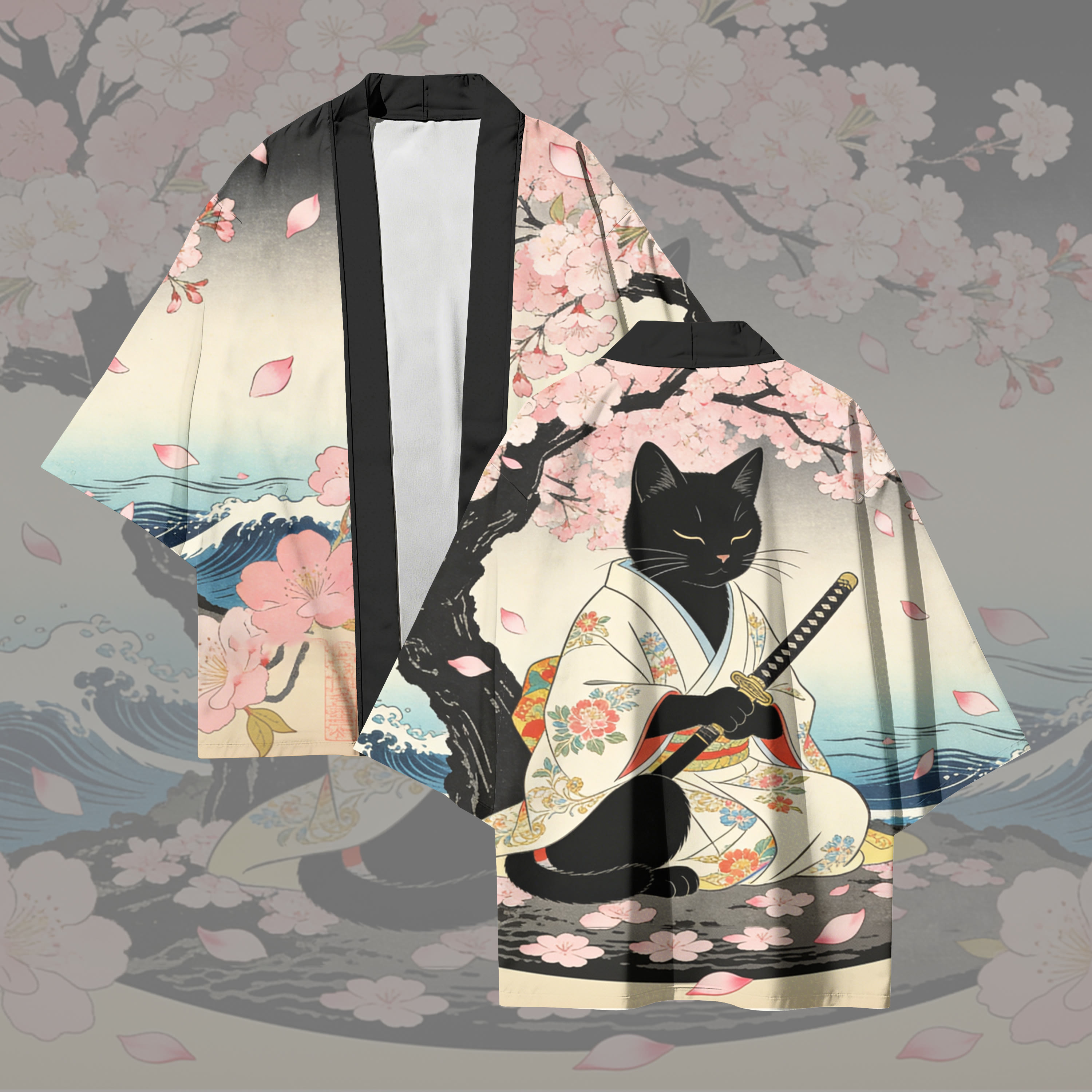 Sakura Samurai Cat Graphic Modakawa Cardigan Kimono Outerwear - Multicolor - 3XL - image 1