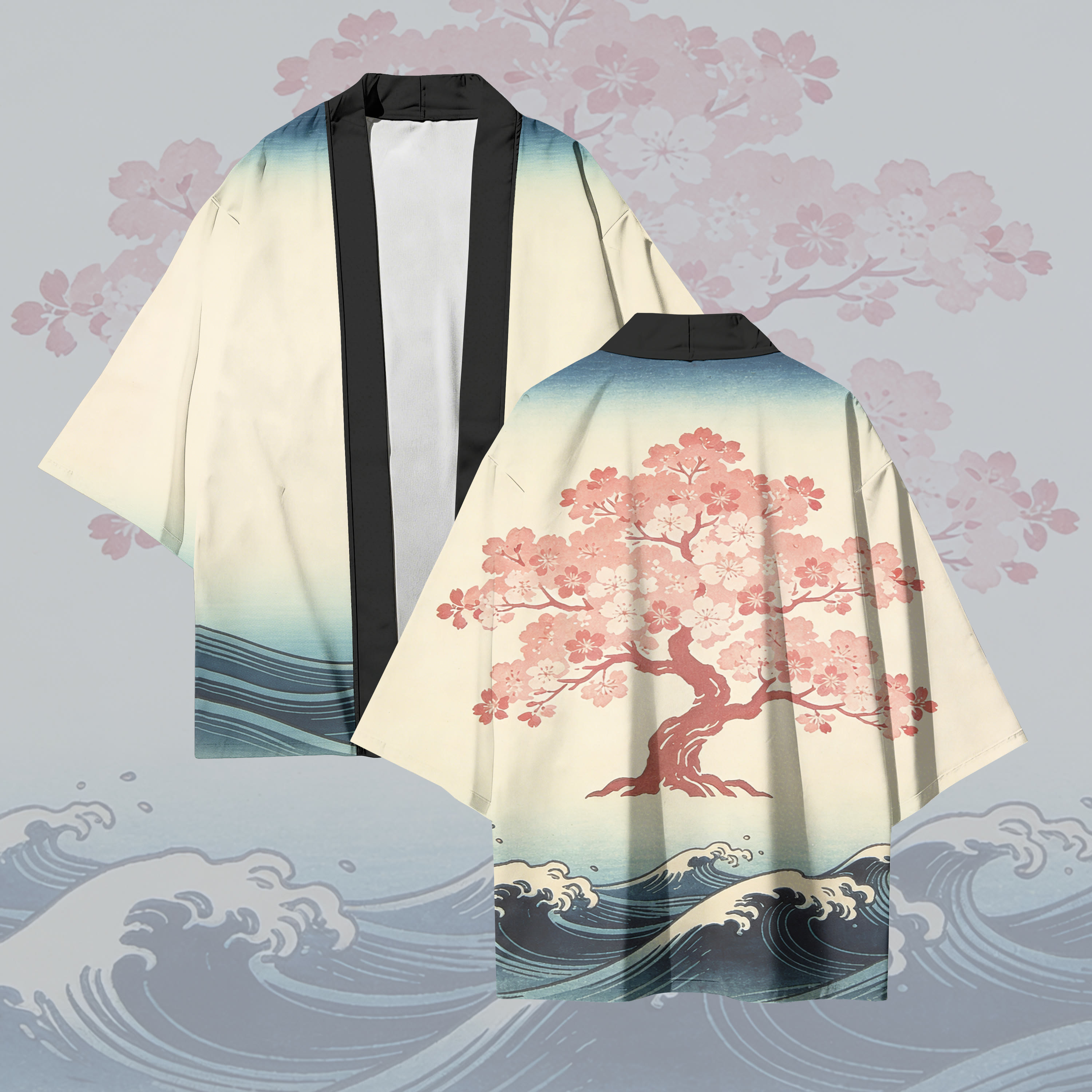 Sakura Waves Graphic Modakawa Cardigan Kimono Outerwear - Multicolor - 3XL - image 1