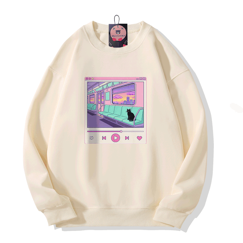 Cat Game Graphic Modakawa Sweatshirt - Beige - 5XL - image 1