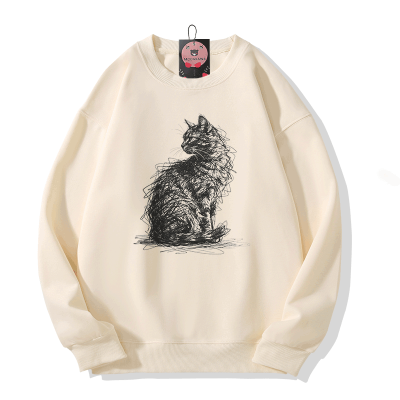 Sketch Cat Graphic Modakawa Sweatshirt - Beige - 5XL - image 1