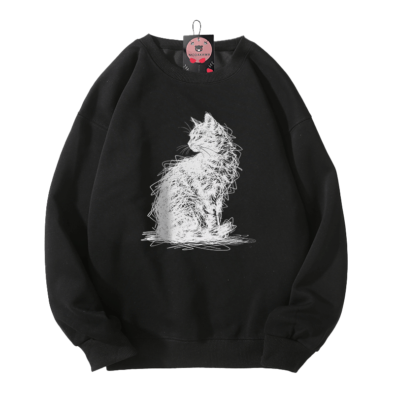 Sketch Cat Graphic Modakawa Sweatshirt - Black - 5XL - image 3