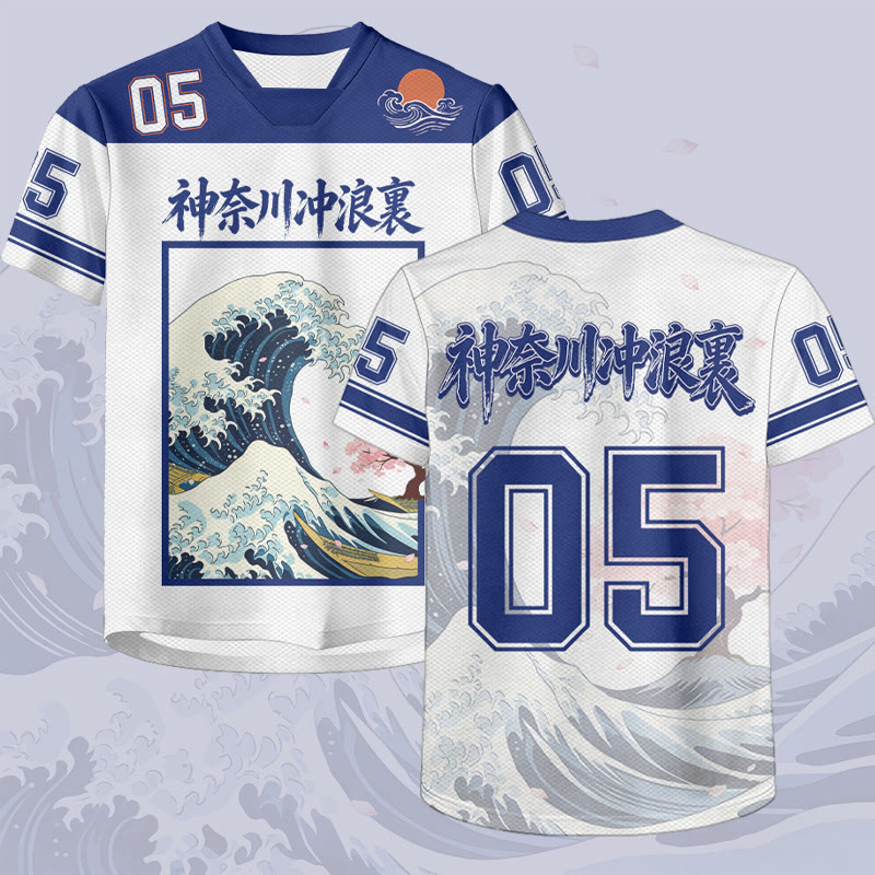 Ukiyo-e Wave Number Graphic Modakawa Unisex Jersey T-shirt - Blue - 6XL - image 1