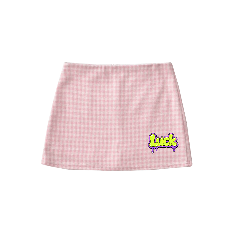 LUCK Graphic Modakawa High Waist Gingham A-Line Mini Skirt - Pink - M - image 2