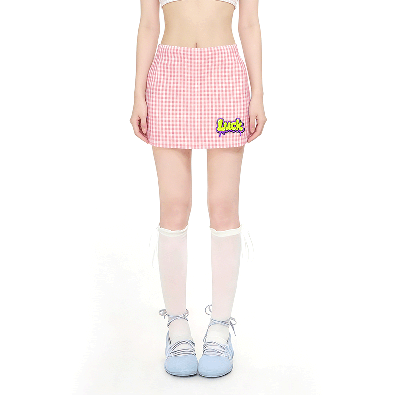 LUCK Graphic Modakawa High Waist Gingham A-Line Mini Skirt - image 1