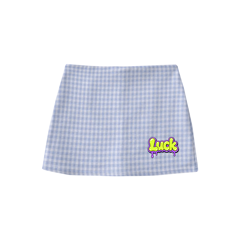 LUCK Graphic Modakawa High Waist Gingham A-Line Mini Skirt - Blue - M - image 4