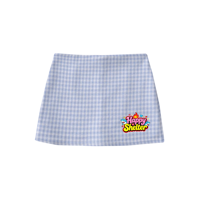 HAPPY SHELTER Graphic Modakawa High Waist Gingham A-Line Mini Skirt - Blue - M - image 2