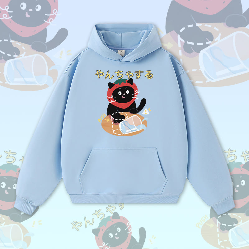 Strawberry Cat Graphic Modakawa Warm Thick Hoodie - Blue - 3XL - image 1