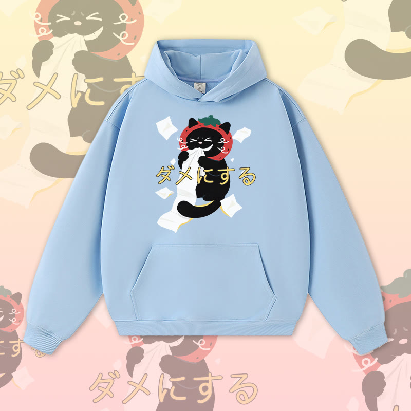 Naughty Strawberry Cat Graphic Modakawa Warm Thick Hoodie - Blue - 3XL - image 2