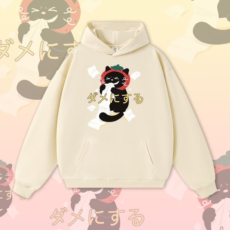 Naughty Strawberry Cat Graphic Modakawa Warm Thick Hoodie - Beige - 3XL - image 1