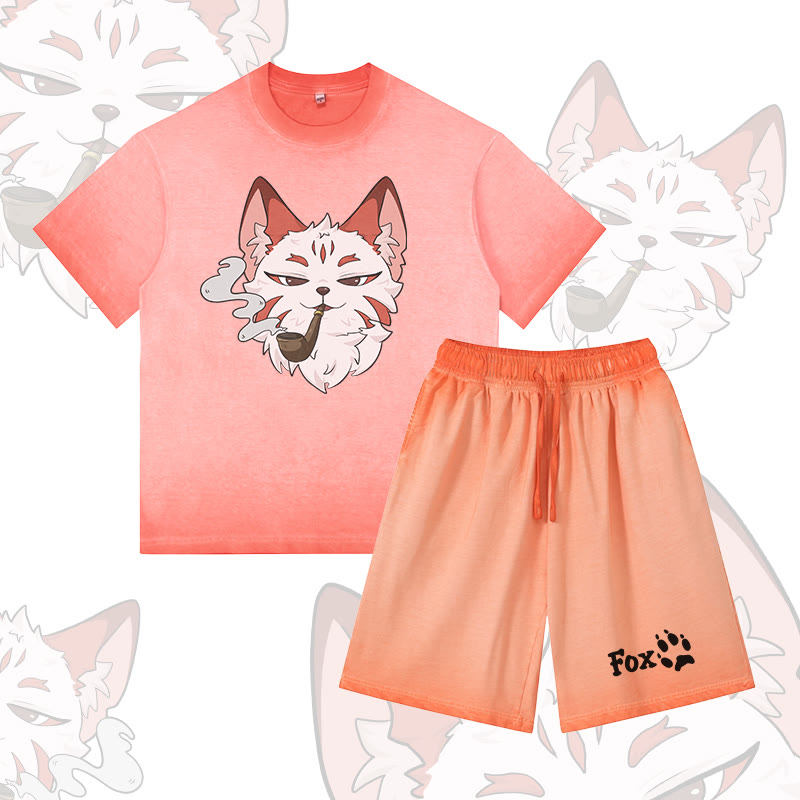 Smoking Fox Graphic Vintage Washed T-shirt FOX Letter Graphic Shorts Modakawa Gradient Two Pieces Set - Orange - 5XL - image 3