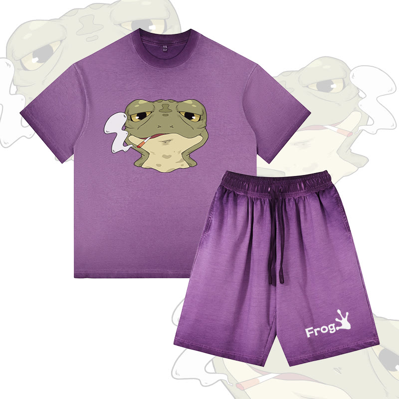 Smoking Frog Graphic Vintage Washed T-shirt FROG Letter Graphic Shorts Modakawa Gradient Two Pieces Set - Purple - 5XL - image 3