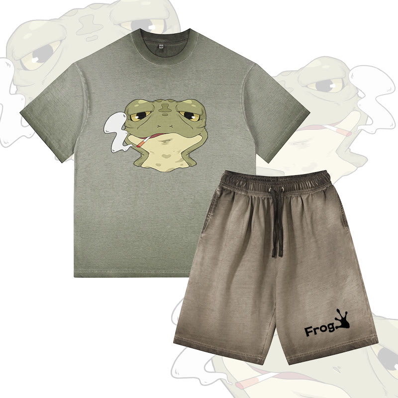 Smoking Frog Graphic Vintage Washed T-shirt FROG Letter Graphic Shorts Modakawa Gradient Two Pieces Set - Olive Green - 5XL - image 1