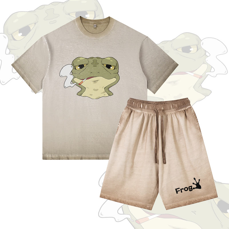 Smoking Frog Graphic Vintage Washed T-shirt FROG Letter Graphic Shorts Modakawa Gradient Two Pieces Set - Khaki - 5XL - image 4