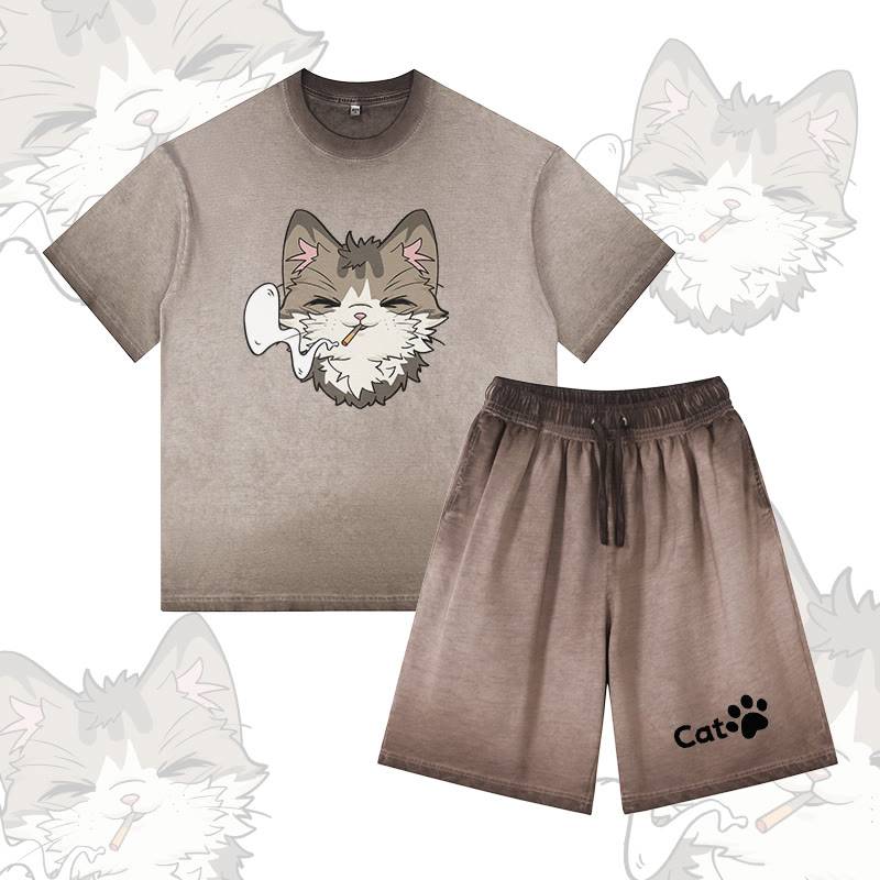Smoking Cat Graphic Vintage Washed T-shirt CAT Letter Graphic Shorts Modakawa Gradient Two Pieces Set - Brown - 5XL - image 3