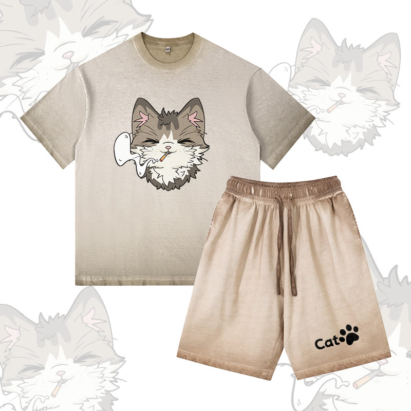 Smoking Cat Graphic Vintage Washed T-shirt CAT Letter Graphic Shorts Modakawa Gradient Two Pieces Set - Khaki - 5XL - image 1