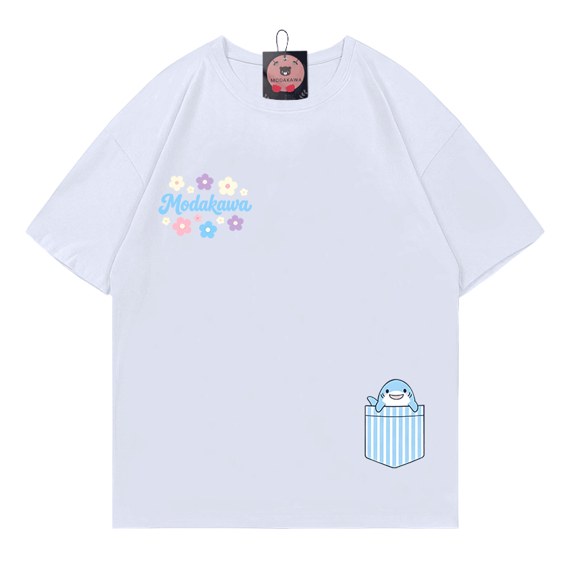 Pocket Shark Flowers Graphic Modakawa 100% Cotton T-shirt - White - 5XL - image 3