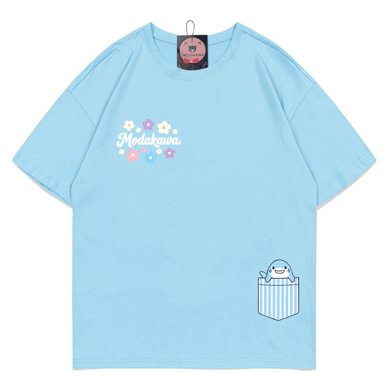 Pocket Shark Flowers Graphic Modakawa 100% Cotton T-shirt - Sky Blue - 5XL - image 1