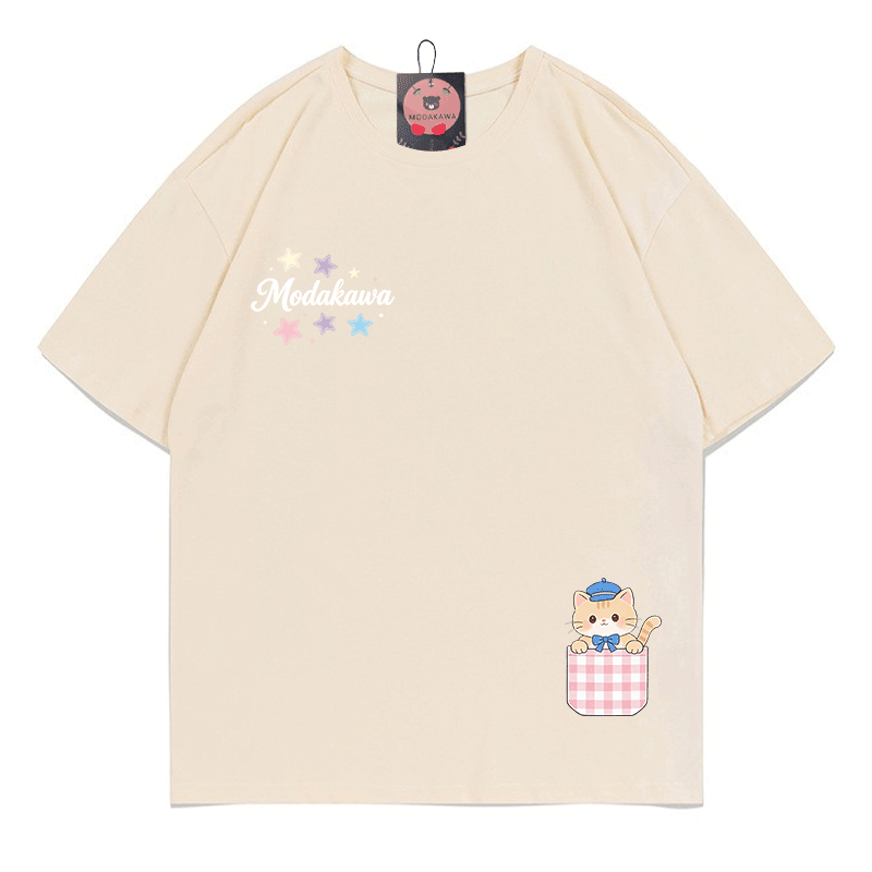 Pocket Cat Stars Graphic Modakawa 100% Cotton T-shirt - Apricot - 5XL - image 5