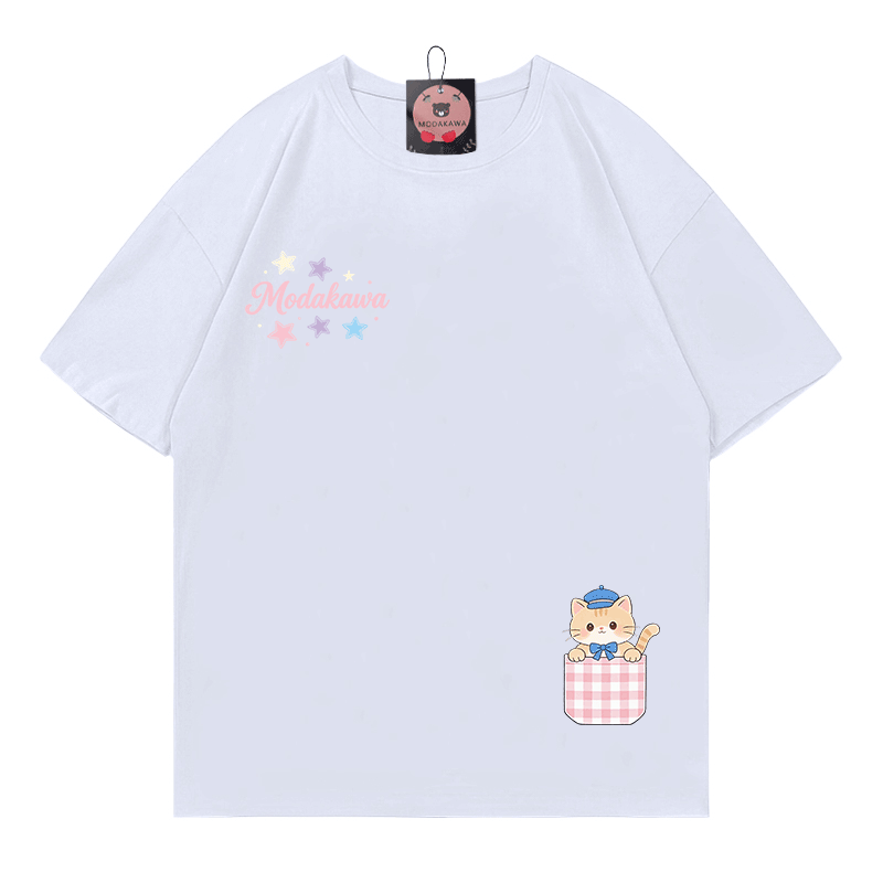 Pocket Cat Stars Graphic Modakawa 100% Cotton T-shirt - White - 5XL - image 4