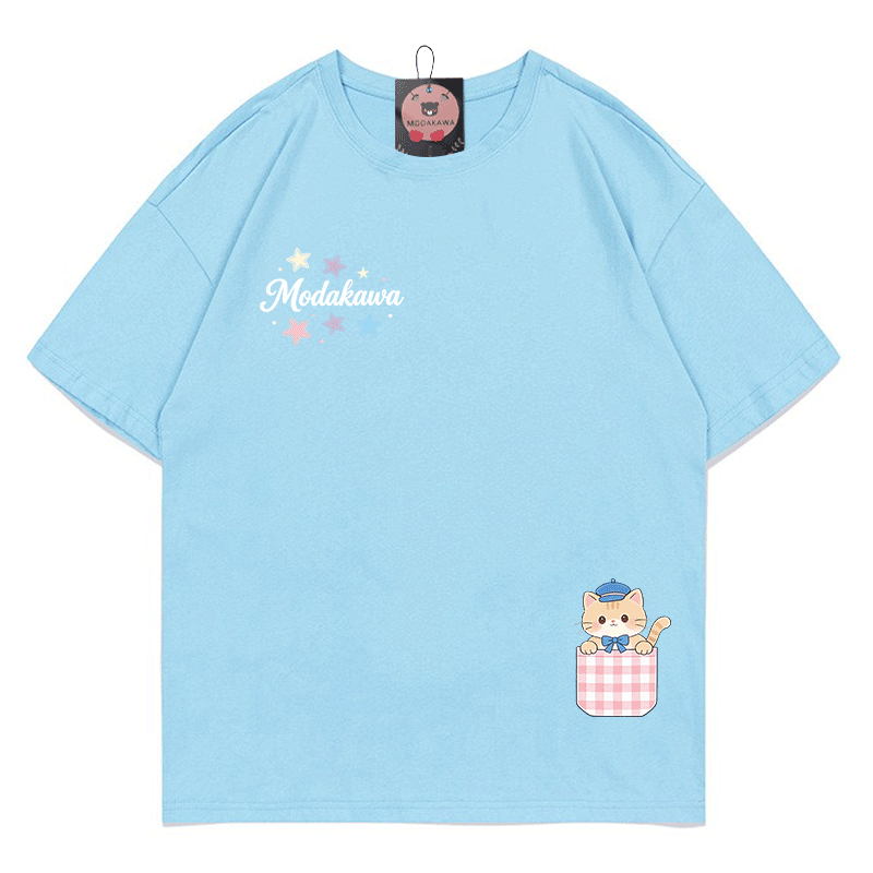 Pocket Cat Stars Graphic Modakawa 100% Cotton T-shirt - Sky Blue - 5XL - image 3
