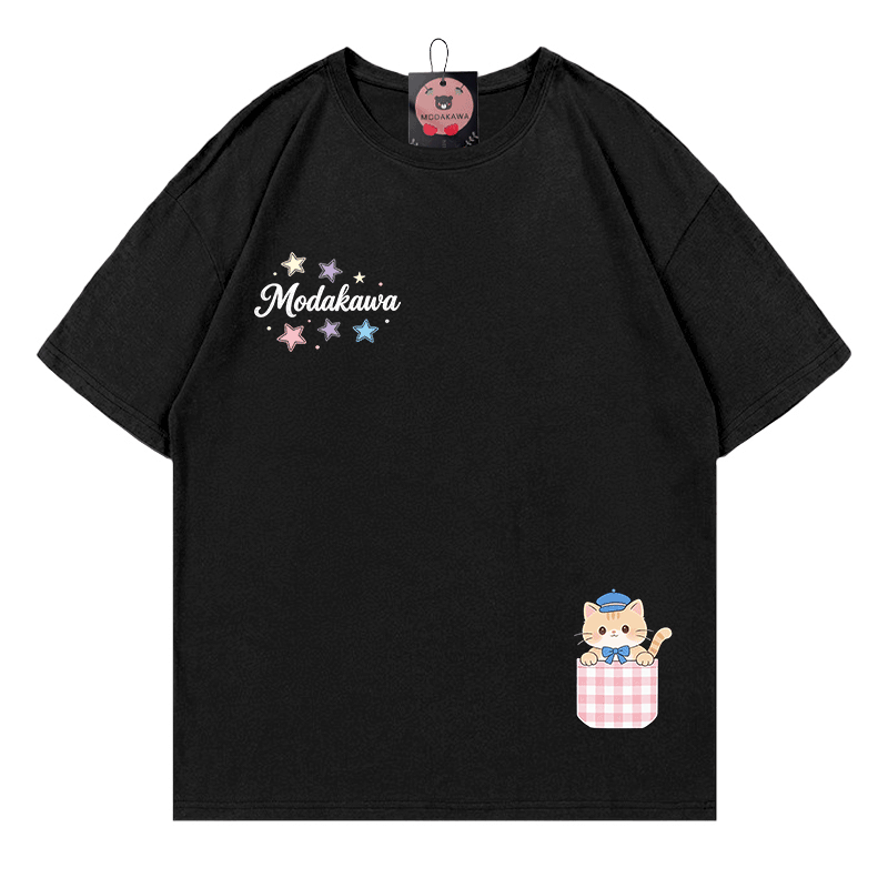 Pocket Cat Stars Graphic Modakawa 100% Cotton T-shirt - Black - 5XL - image 1