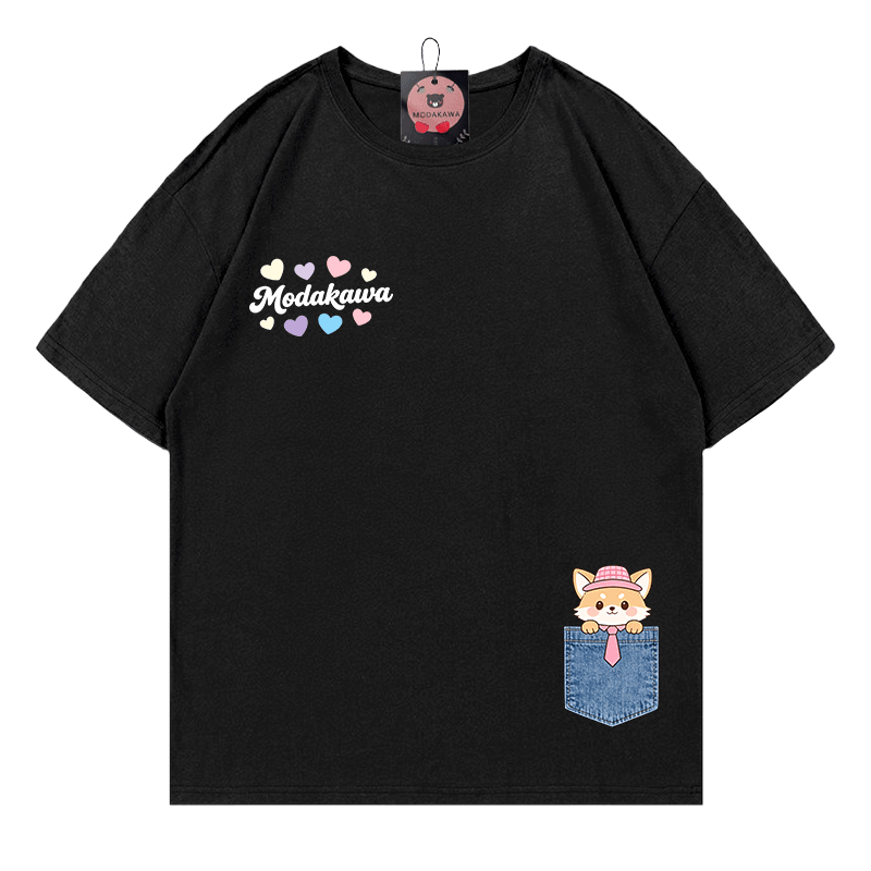Pocket Fox Hearts Graphic Modakawa 100% Cotton T-shirt - Black - 5XL - image 3