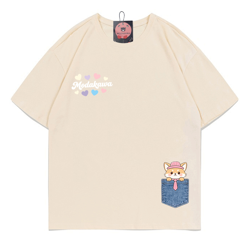 Pocket Fox Hearts Graphic Modakawa 100% Cotton T-shirt - Apricot - 5XL - image 1