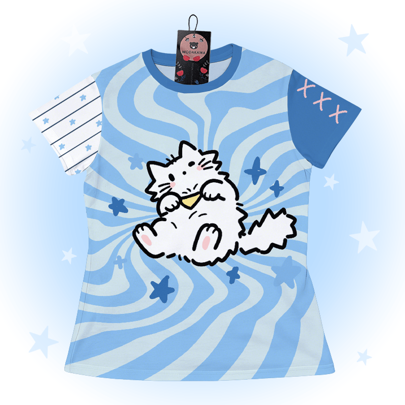 Chubby Cat Graphic Modakawa Color Block T-shirt - Blue - 5XL - image 2