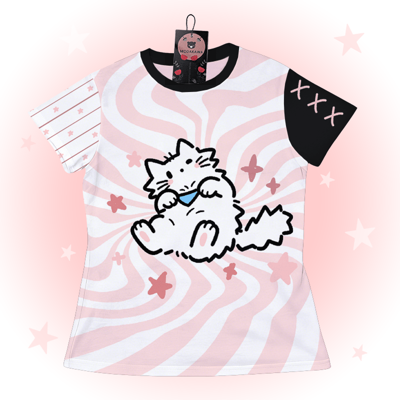 Chubby Cat Graphic Modakawa Color Block T-shirt - Pink - 5XL - image 1
