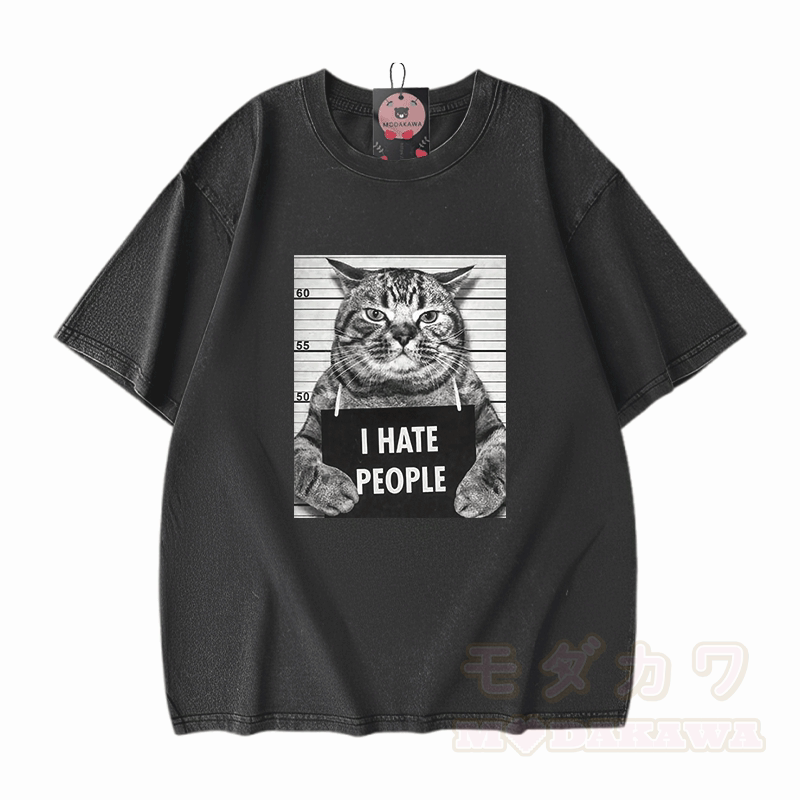 I HATE PEOPLE Cat Graphic Modakawa Unisex Vintage Washed T-shirt - Black - 5XL - image 2