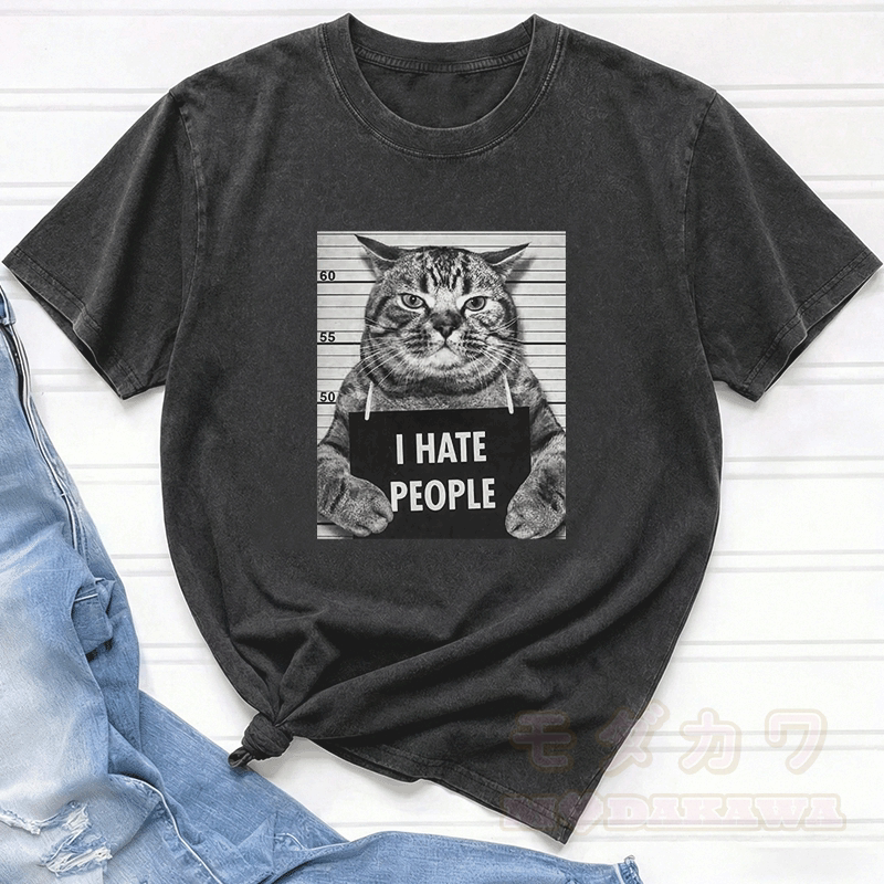 I HATE PEOPLE Cat Graphic Modakawa Unisex Vintage Washed T-shirt - image 1